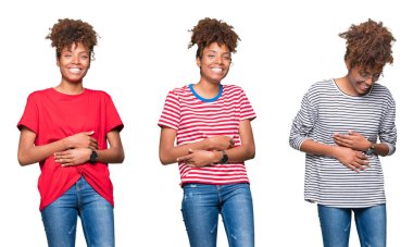 İzole arka plan üzerinde genç güzel Afrikalı kız kolaj gülümseyen ve komik çılgın şaka çünkü yüksek sesle sert gülüyor. Mutlu ifade.