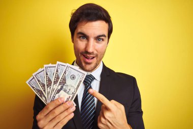 İzole sarı arka plan üzerinde dolar tutan takım elbise giyen genç yakışıklı işadamı el ve parmak ile işaret çok mutlu