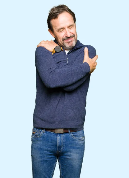Middle Age Handsome Man Wearing Sweater Hugging Oneself Happy Positive — Stock Photo, Image