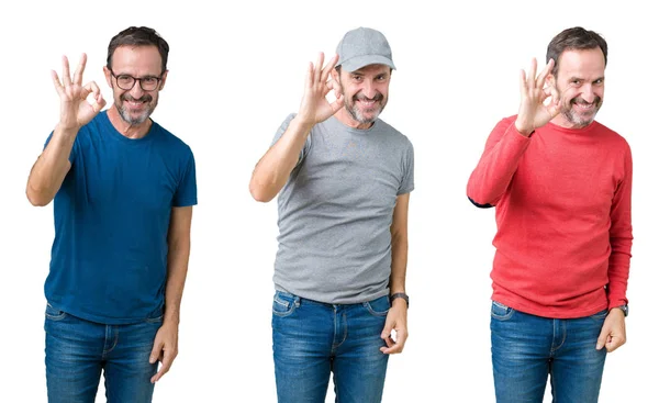 Collage Bell Uomo Anziano Sfondo Bianco Isolato Sorridente Positivo Facendo — Foto Stock