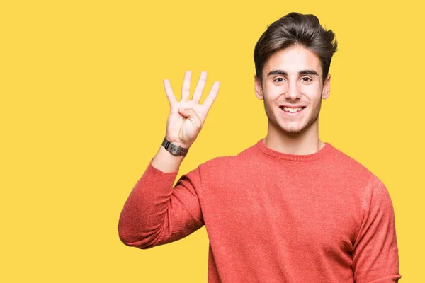 Young Handsome Man Isolated Background Showing Pointing Fingers Number Four — Stock Photo, Image