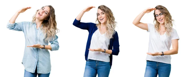 拼贴的年轻美丽的金发女孩在孤立的背景手势与双手显示大尺寸的标志 测量符号 微笑着看着相机 测量概念 — 图库照片