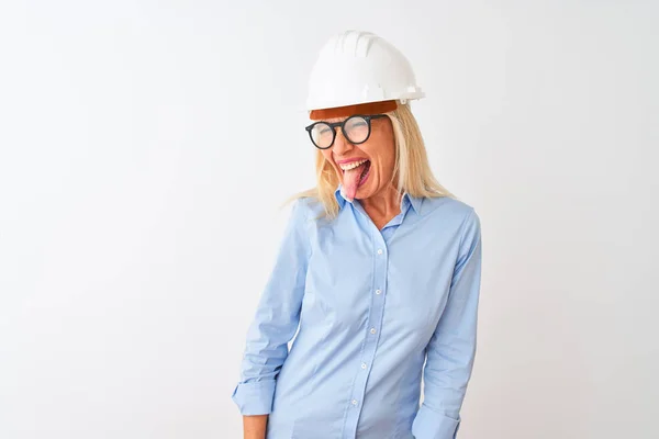 Middelbare Leeftijd Architect Vrouw Het Dragen Van Een Bril Helm — Stockfoto