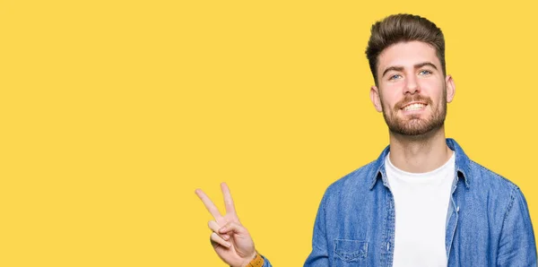 Young Handsome Blond Man Wearing Casual Denim Jacket Smiling Happy — Stock Photo, Image