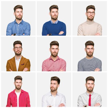 Beyaz izole arka plan üzerinde farklı görünüyor giyen yakışıklı genç iş adamı Kolaj yan görünümlü ve düşünme uzak bakıyor.