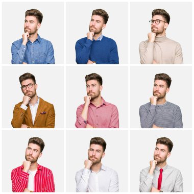 Yakışıklı genç iş adamı farklı giyen kolaj çene düşünme hakkında soru, dalgın ifade üzerine el ile beyaz izole arka plan üzerinde görünüyor. Düşünceli yüzüyle gülümsüyor. Şüphe kavramı.
