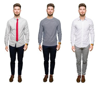 Yakışıklı genç iş adamı komik surat ile yanakları şişirme beyaz izole arka plan üzerinde kolaj. Ağız ile hava, deli ifade şişirilmiş.