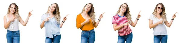 Collage Joven Hermosa Rubia Sobre Fondo Aislado Sonriendo Mirando Cámara — Foto de Stock