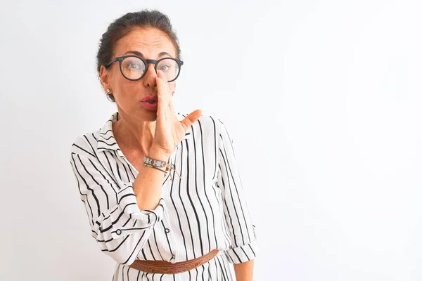 Middle Age Businesswoman Wearing Striped Dress Glasses Isolated White Background — Stock Photo, Image