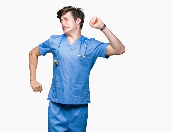 Giovane Medico Che Indossa Uniforme Medica Sfondo Isolato Che Estende — Foto Stock