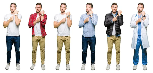 Collage Von Attraktiven Jungen Mann Über Weißen Isolierten Hintergrund Eile — Stockfoto