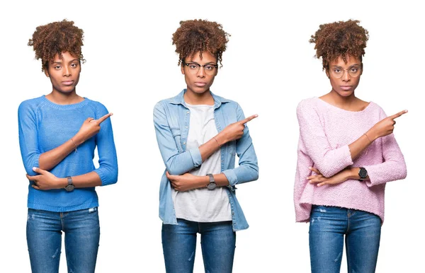 Izole arka plan üzerinde genç güzel afrikalı kız kolaj yan reklam gösteren el parmağı ile işaret, ciddi ve sakin yüz