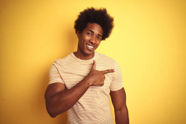 American Man Afro Hair Wearing Striped Shirt Standing Isolated Yellow — Stock Photo, Image