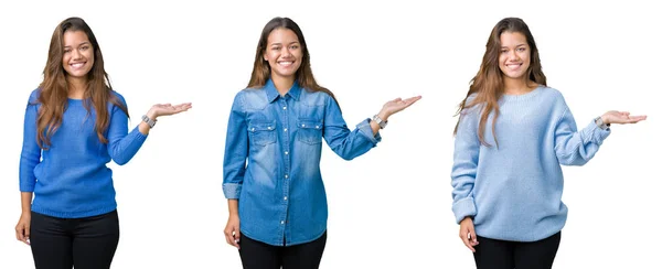 Colagem Bela Jovem Sobre Fundo Isolado Sorrindo Alegre Apresentando Apontando — Fotografia de Stock