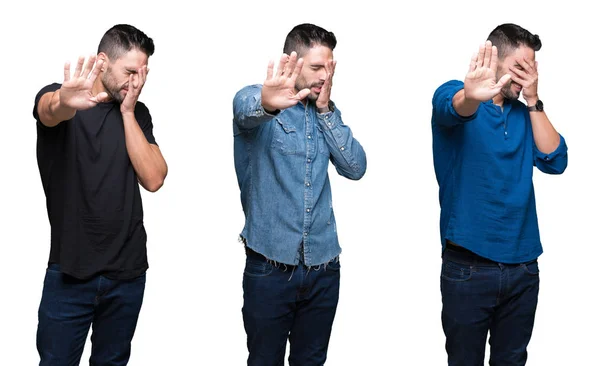 Collage Hombre Guapo Sobre Fondo Blanco Aislado Cubriendo Los Ojos — Foto de Stock