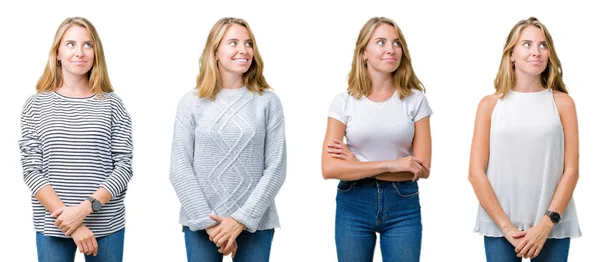 Collage Hermosa Mujer Rubia Sobre Fondo Blanco Aislado Sonriendo Mirando —  Fotos de Stock