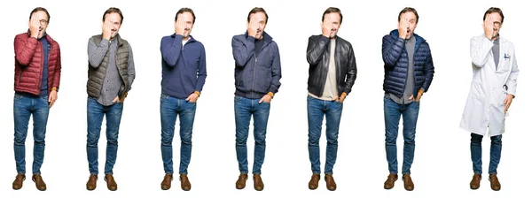 Collage Van Knappe Middelbare Leeftijd Man Dragen Verschillende Looks Witte — Stockfoto