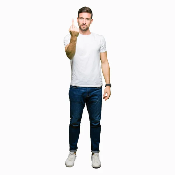 Schöner Mann Lässigem Weißem Shirt Mit Mittelfinger Unhöflichem Und Unhöflichem — Stockfoto