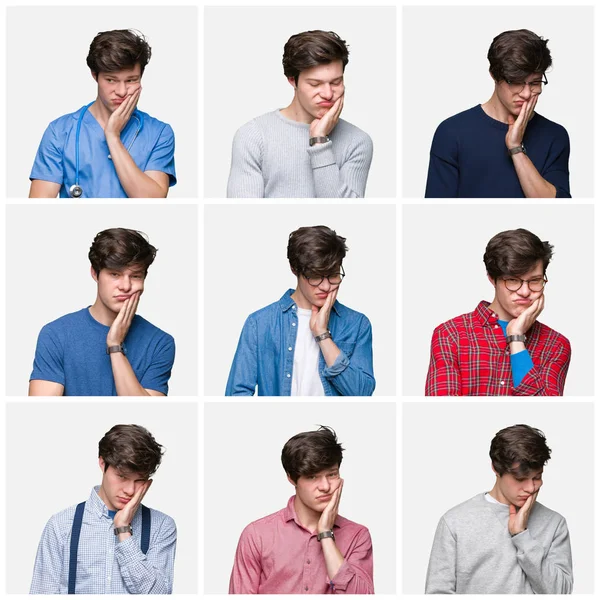 Beyaz izole arka plan düşünme seyir yorgun ve bıkkın ile depresyon sorunları karşılıklı silah olan genç adam kolaj.