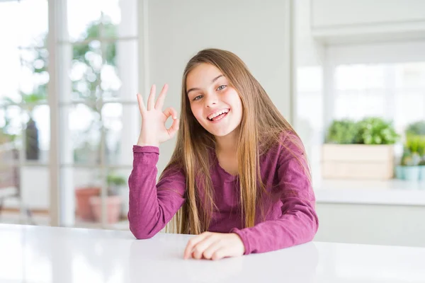 Beautiful Young Girl Kid White Table Smiling Positive Doing Sign — Stock Photo, Image