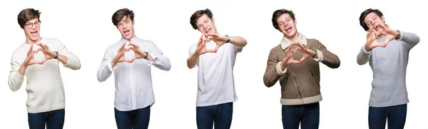 Collage Young Man White Isolated Background Smiling Love Showing Heart — Stock Photo, Image