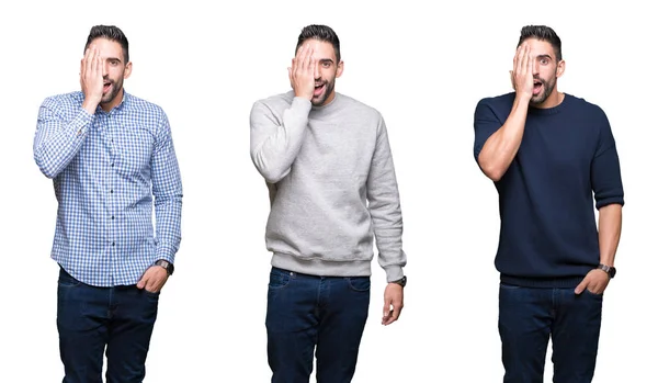 Colagem Homem Negócios Bonito Sobre Fundo Isolado Branco Cobrindo Olho — Fotografia de Stock