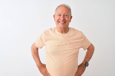 Üst düzey gri saçlı adam yüzünde mutlu ve serin bir gülümseme ile izole beyaz arka plan üzerinde duran çizgili t-shirt giyiyor. Şanslı kişi.