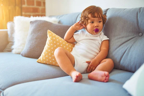 Beautiful Toddler Child Girl Wearing White Shirt Sitting Sofa Using — Stock Photo, Image