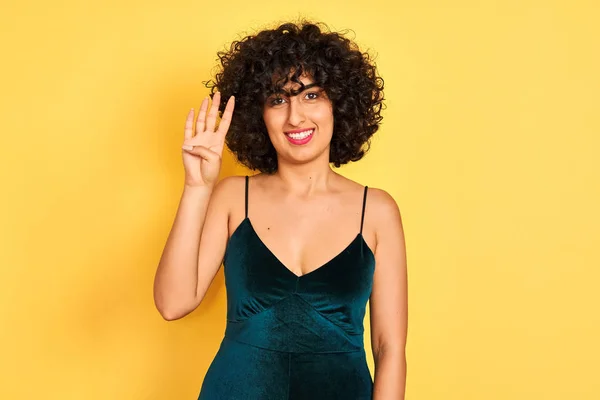 Young Arab Woman Curly Hair Wearing Elegant Dress Isolated Yellow — Stock Photo, Image