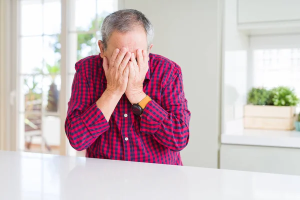 Handsome Senior Man Home Sad Expression Covering Face Hands While — Stock Photo, Image