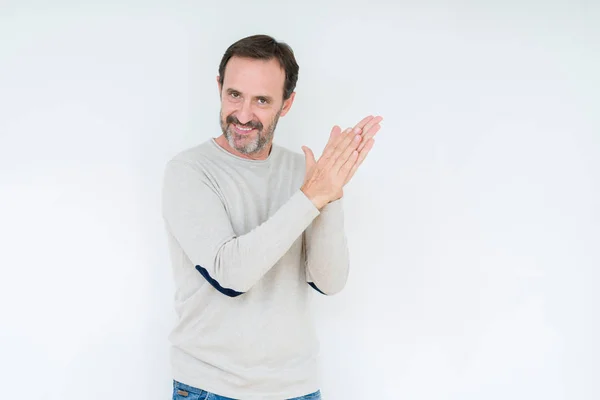 Elegante Uomo Anziano Sfondo Isolato Applaudendo Applaudendo Felice Gioioso Sorridendo — Foto Stock