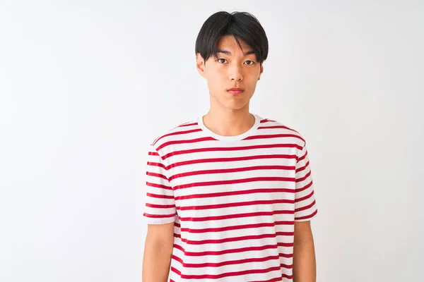 Young Chinese Man Wearing Casual Striped Shirt Standing Isolated White — Stock fotografie