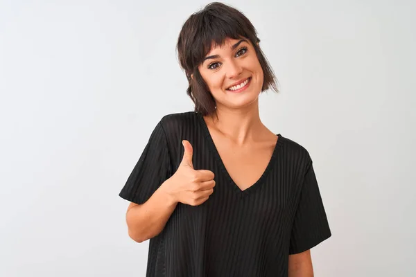 Young Beautiful Woman Wearing Black Shirt Standing Isolated White Background — Stock Photo, Image