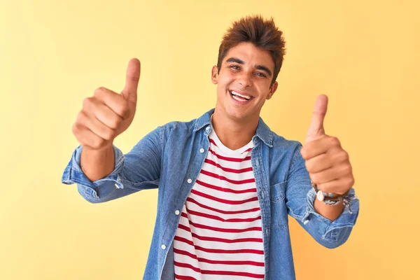 Homem Bonito Jovem Vestindo Camiseta Listrada Camisa Jeans Sobre Fundo — Fotografia de Stock