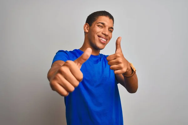 Young Handsome Arab Man Wearing Blue Shirt Standing Isolated White — Stock fotografie