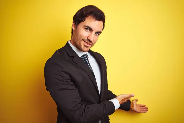 Young Handsome Businessman Wearing Suit Tie Standing Isolated Yellow Background — Stock fotografie