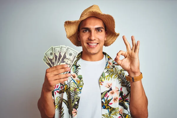 Junger Mann Urlaub Hält Dollarnoten Über Weißem Isolierten Hintergrund Und — Stockfoto