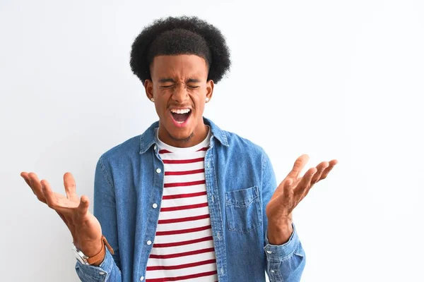 Afroamerikansk Man Klädd Randig Shirt Och Jeansjacka Över Isolerad Vit — Stockfoto