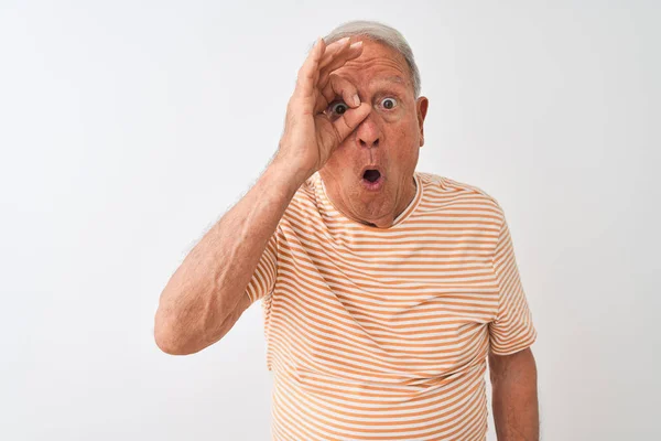 Senior Grey Haired Man Bär Randig Shirt Stående Över Isolerad — Stockfoto