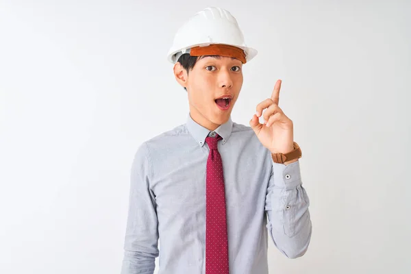 Chinese Architect Man Wearing Tie Helmet Standing Isolated White Background — Stockfoto