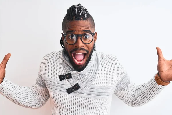 African American Man Wearing Grey Sweater Glasses Isolated White Background — Stock Photo, Image