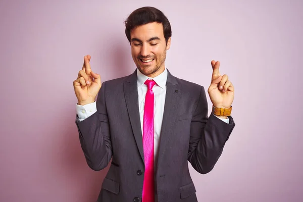 Young Handsome Businessman Wearing Suit Tie Standing Isolated Pink Background — Stockfoto