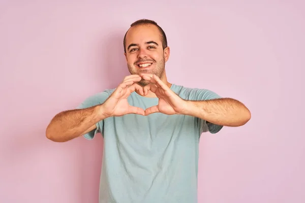 Young Man Wearing Blue Casual Shirt Standing Isolated Pink Background — Stock Photo, Image