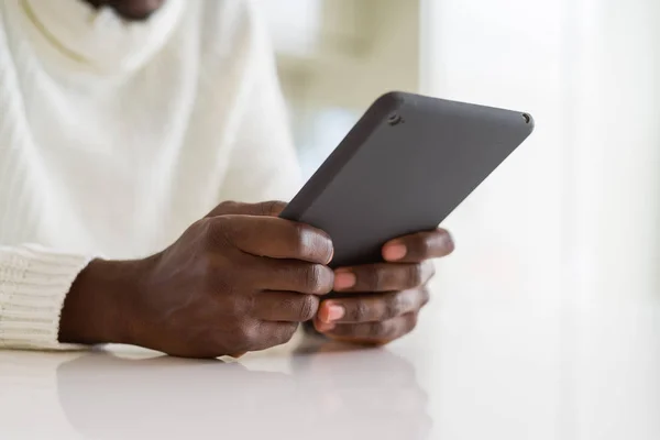 Close African Business Man Using Touchpad Tablet Working Sitting Desk — Stock Photo, Image