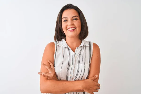 Mujer Hermosa Joven Con Camisa Rayas Casuales Pie Sobre Fondo — Foto de Stock