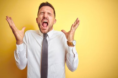 Genç yakışıklı iş adamı sarı izole arka plan üzerinde zarif beyaz gömlek giyen kollarını kaldırdı ve kapalı gözleri heyecanlı çığlık ile başarı için deli ve deli kutluyor. Kazanan kavramı