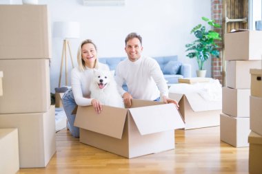 Karton kutular etrafında yeni evde yerde oturan köpek ile genç güzel çift