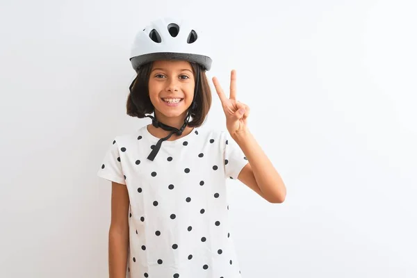 Mooi Kind Meisje Dragen Veiligheid Fietshelm Staande Geïsoleerde Witte Achtergrond — Stockfoto