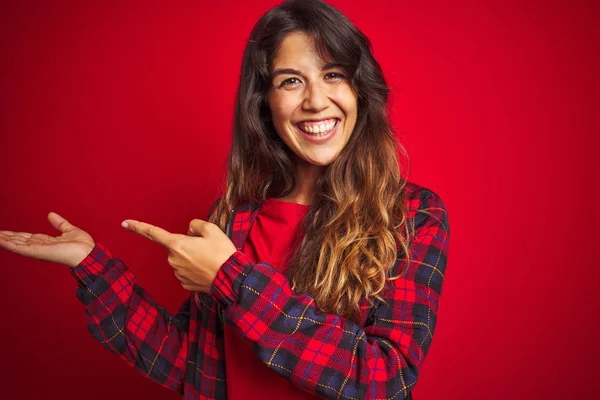 Young Beautiful Woman Wearing Casual Jacket Standing Red Isolated Background — ストック写真