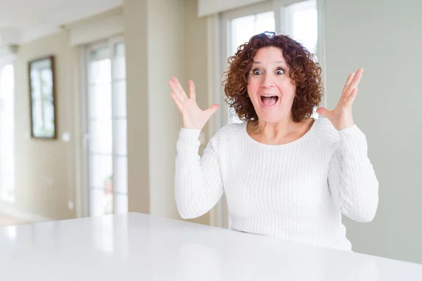 Beautiful Senior Woman Wearing White Sweater Home Celebrating Crazy Amazed — Stock Photo, Image
